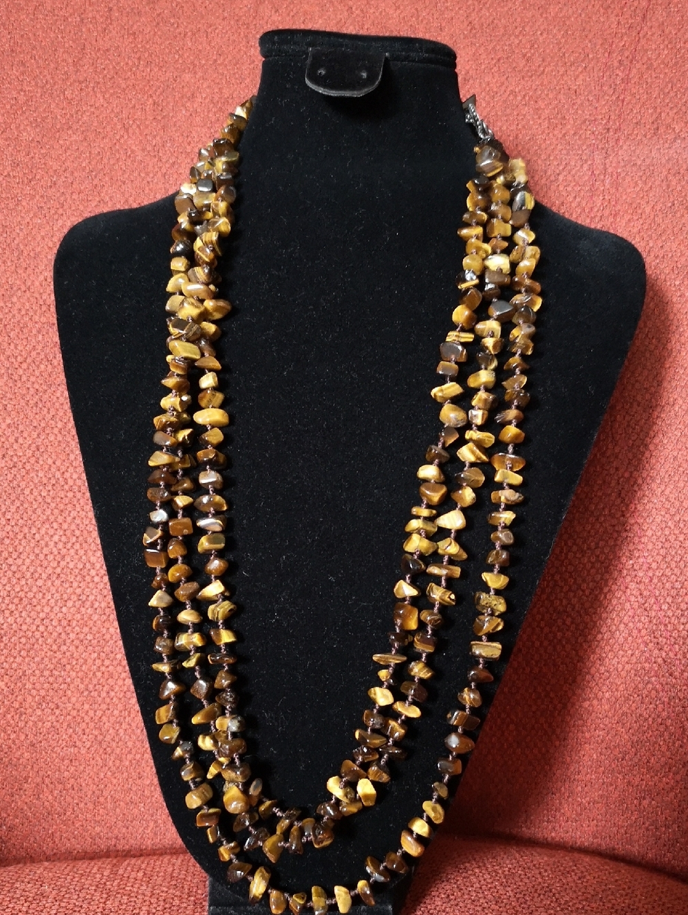 Exceptional Extra Long Tiger Eye Stone Hand-knotted Necklace Estate Jewelry